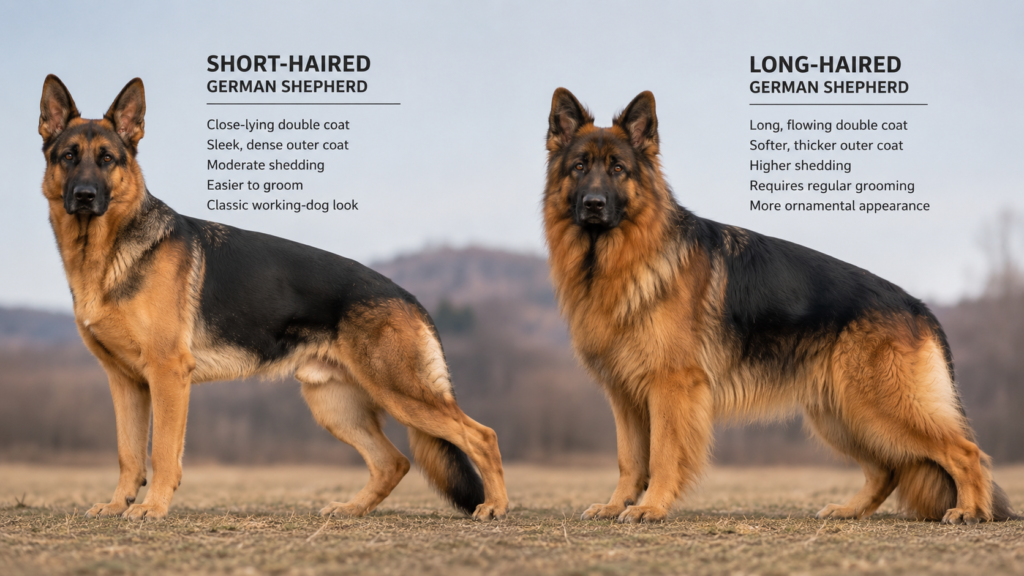 What does a German Shepherd look like with short hair and long hair coat type comparison image
