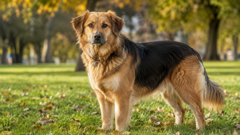 Golden Retriever German Shepherd Mix standing outdoors showing athletic body and thick double coat