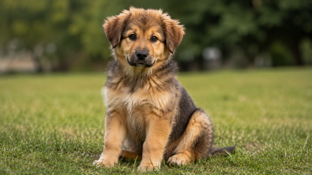 Golden Retriever German Shepherd Mix puppy with fluffy coat and curious expression outdoors