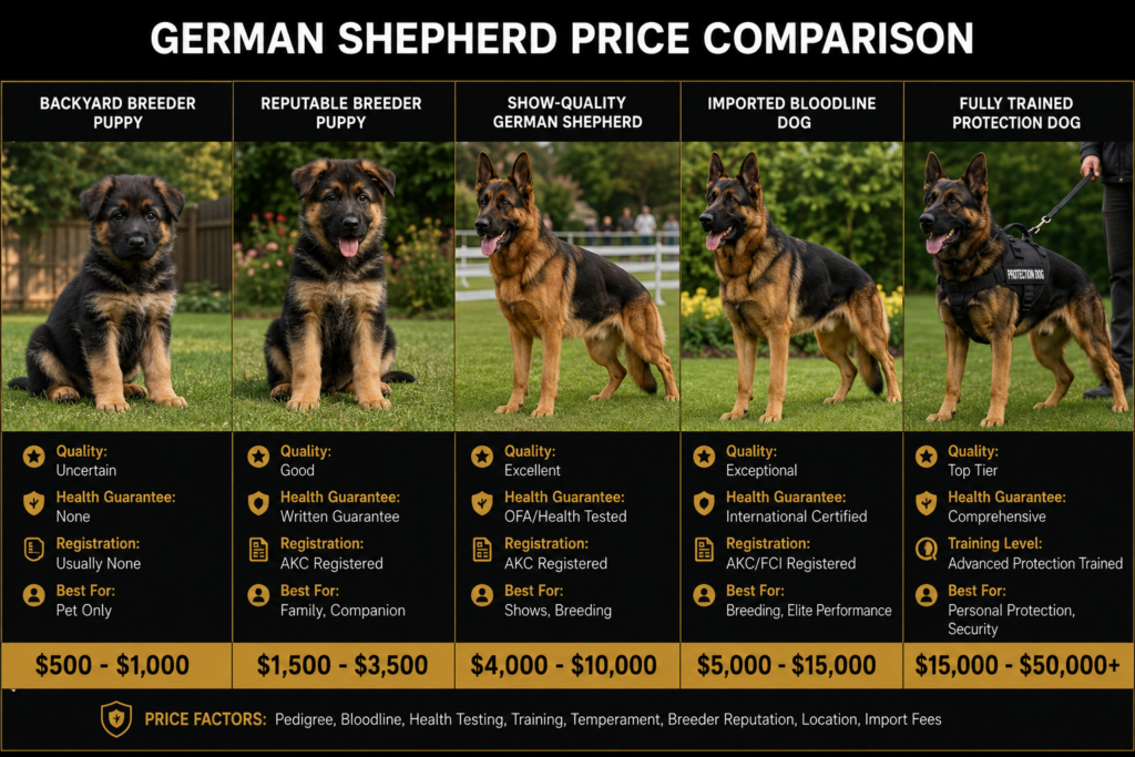 German Shepherd price comparison showing puppy, working-line, and protection dog cost differences in 2026
