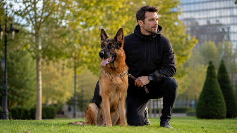 Full-blooded German Shepherd sitting outdoors showing healthy coat, strong build, and premium purebred appearance