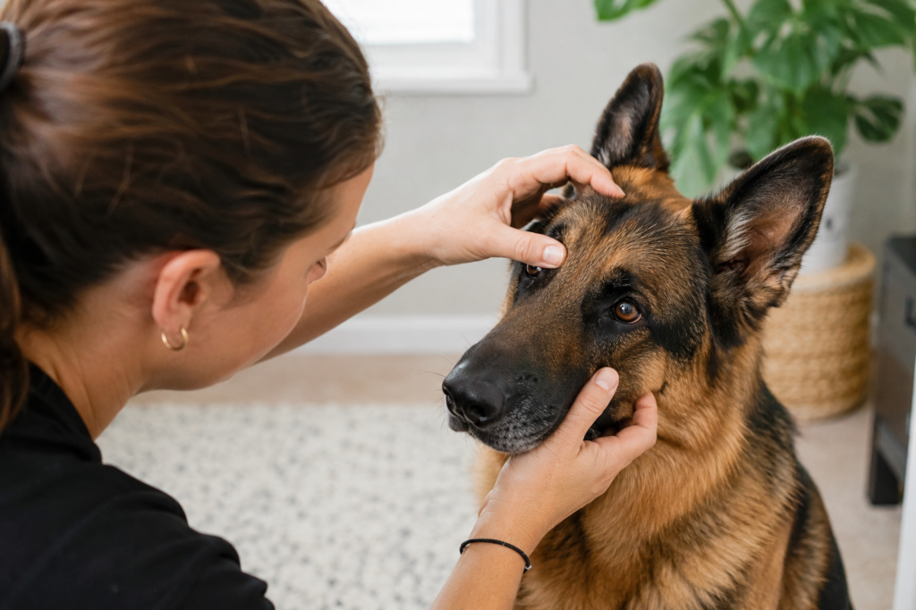 Owner checking German Shepherd eyes for health care routine ensuring vision safety and early detection of eye problems