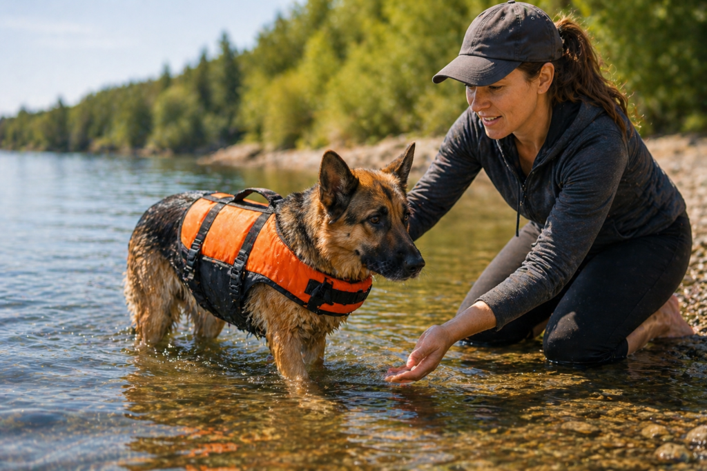 training a German Shepherd to like water using safe and positive introduction with owner in shallow water