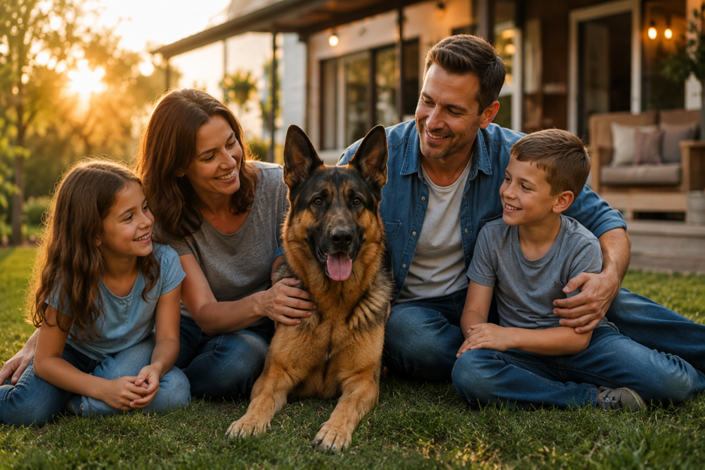 German Shepherd famous for loyalty and protective instincts while calmly sitting with family at home outdoors