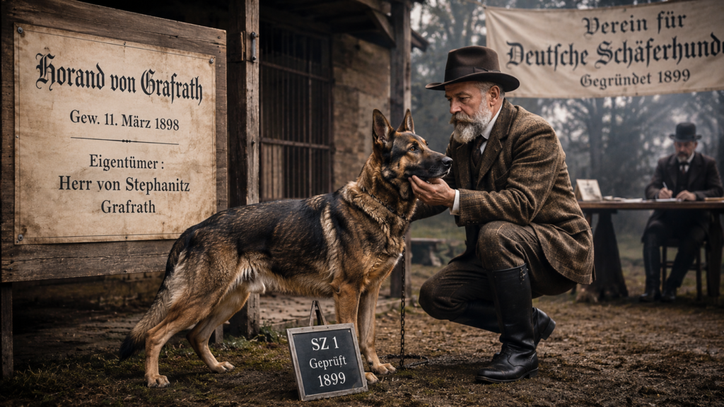 Max von Stephanitz creating the German Shepherd breed through selective breeding in Germany during 1899