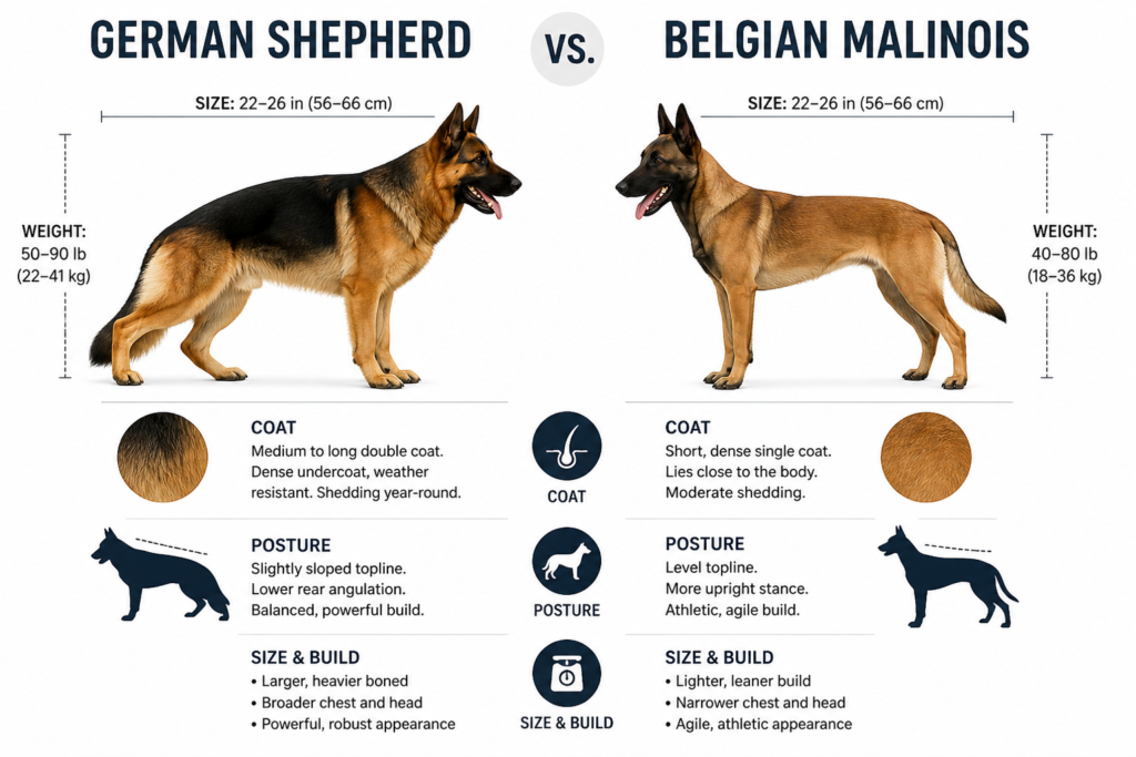German Shepherd vs Belgian Malinois physical differences showing size, coat type, and body structure comparison clearly