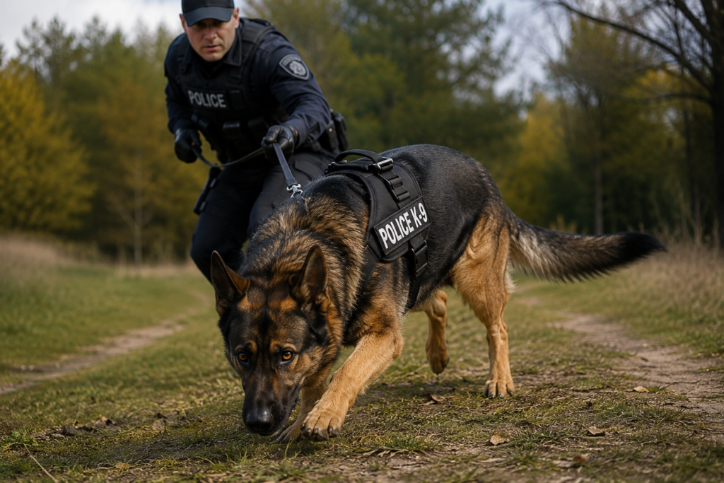 German Shepherd famous for police and military work during professional K9 training with handler outdoors