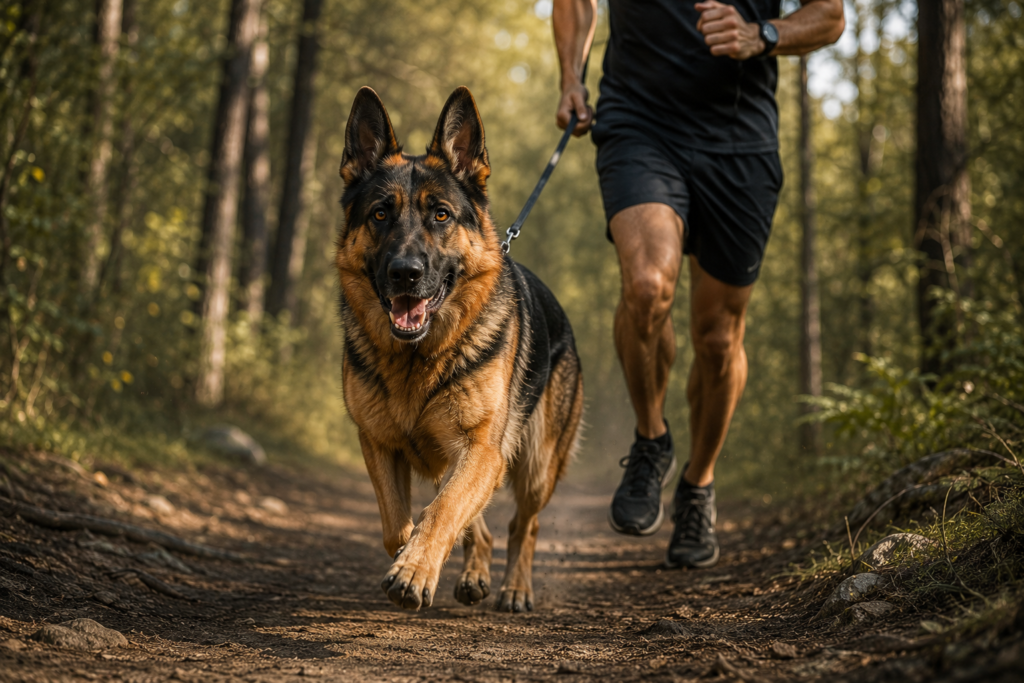 German Shepherd famous for athletic ability running energetically during outdoor exercise and adventure training