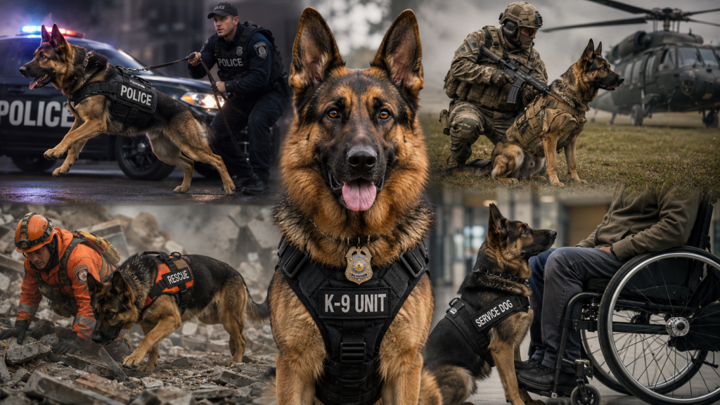 German Shepherd selectively bred for police work, military service, rescue operations, and protection duties
