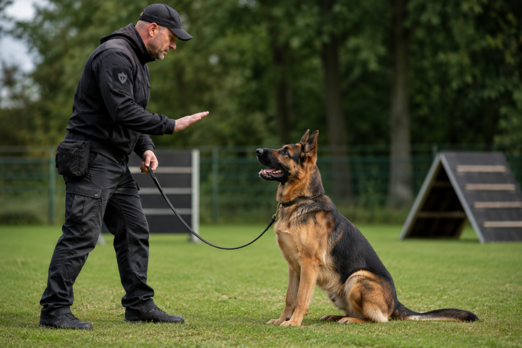 German Shepherd obedience training session showing professional handling, socialization, and early behavior training