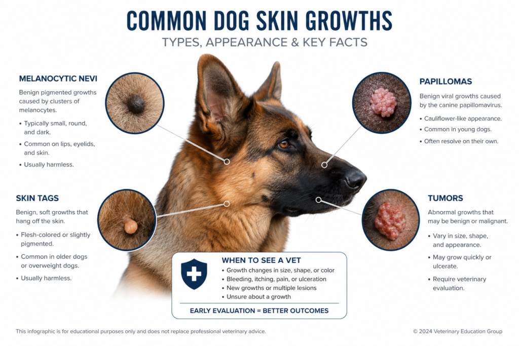 Why do German Shepherds have moles infographic showing types like nevi skin tags warts and tumors in simple labeled design