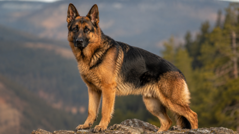 What does a German Shepherd look like with upright ears, muscular body, black and tan coat, and alert face