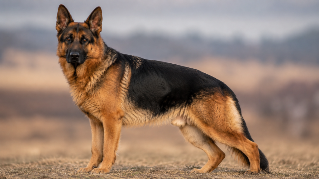 What does a German Shepherd look like physically with strong build upright ears and athletic body structure