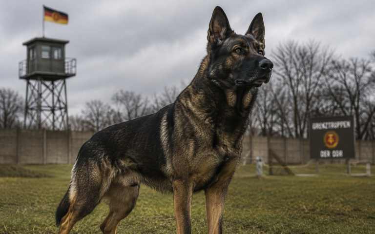 DDR German Shepherd standing alert with strong muscles, dark coat, and straight back in working dog training field