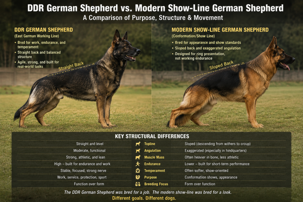DDR German Shepherd compared with show-line German Shepherd showing straight back and muscular working build