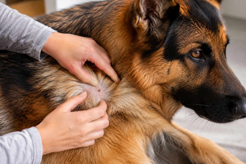 Why do German Shepherds have moles owner checking dog skin for unusual growths early detection and routine inspection