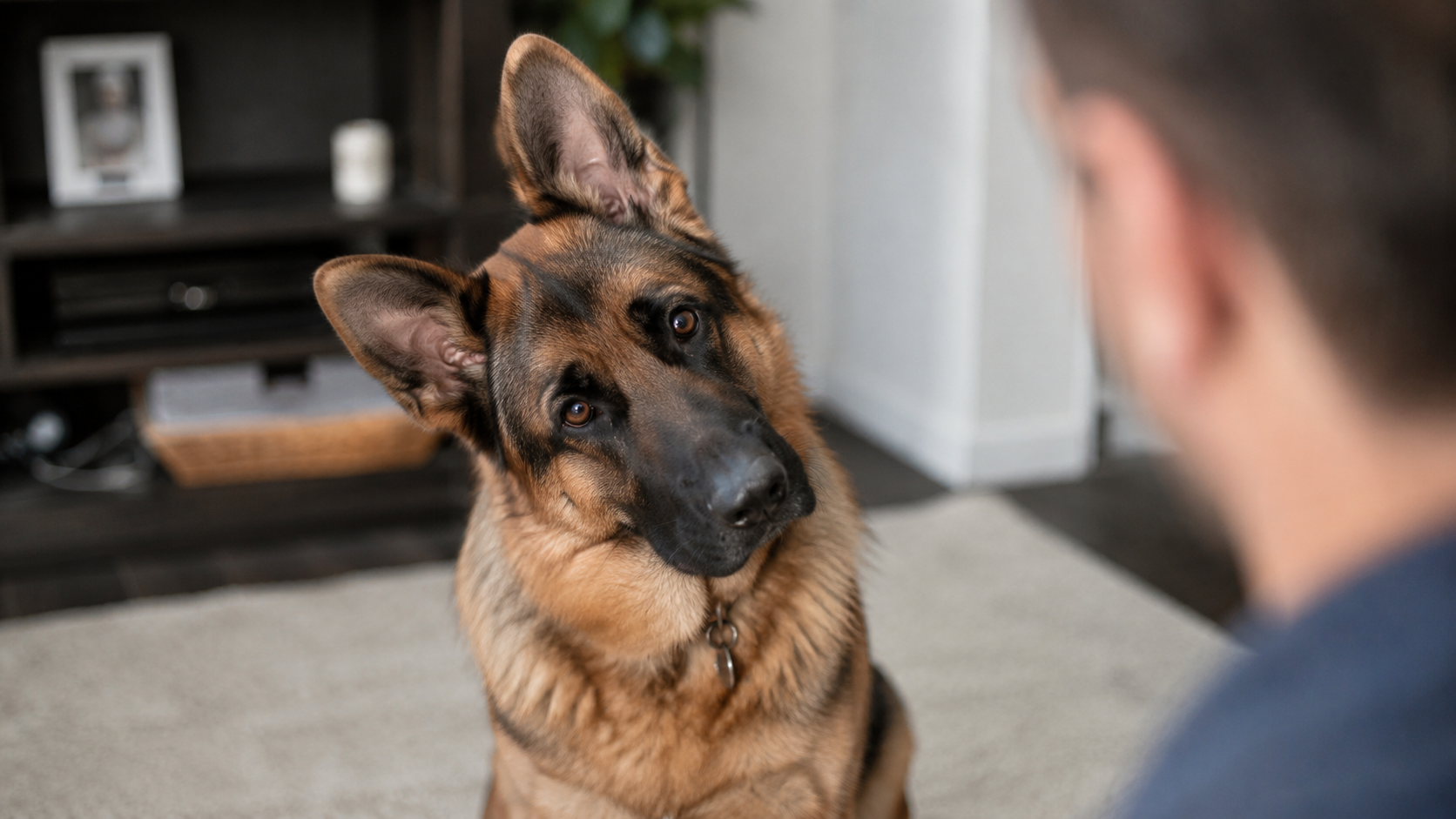 German Shepherd tilting its head while listening to its owner and reacting to human speech with curiosity indoors