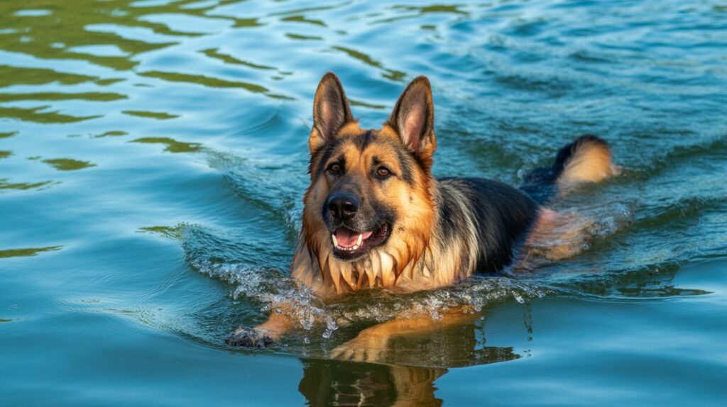 German Shepherd swimming happily in water showing they can enjoy water with confidence and early exposure