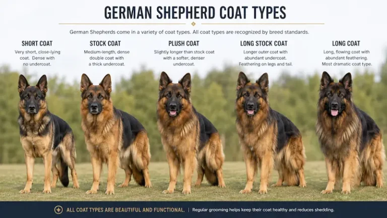 Types of German Shepherd coats comparison showing short, stock, plush, long stock, and long coat varieties side by side