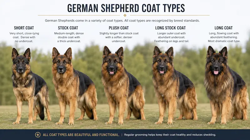 Types of German Shepherd coats comparison showing short, stock, plush, long stock, and long coat varieties side by side