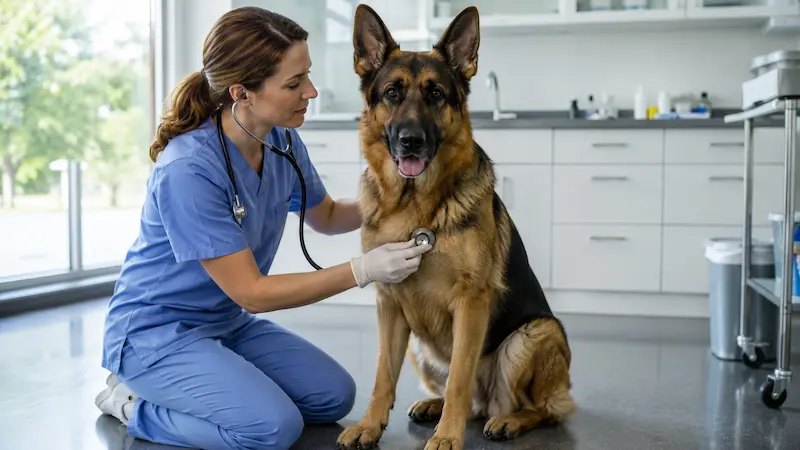 German Shepherd receiving a veterinary health examination to detect immune system disorders and support long term wellness