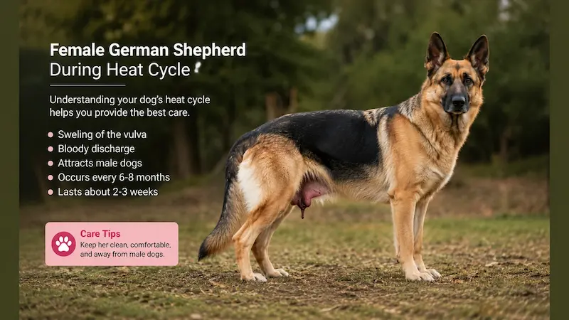 How long does a German Shepherd stay in heat showing an adult female German Shepherd during a normal heat cycle