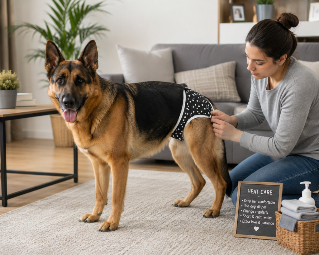 Owner caring for a German Shepherd during heat with proper hygiene and safety precautions