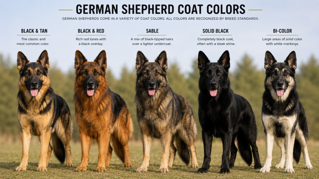 German Shepherd coat colors including black and tan, sable, black and red, solid black, and bi-color patterns