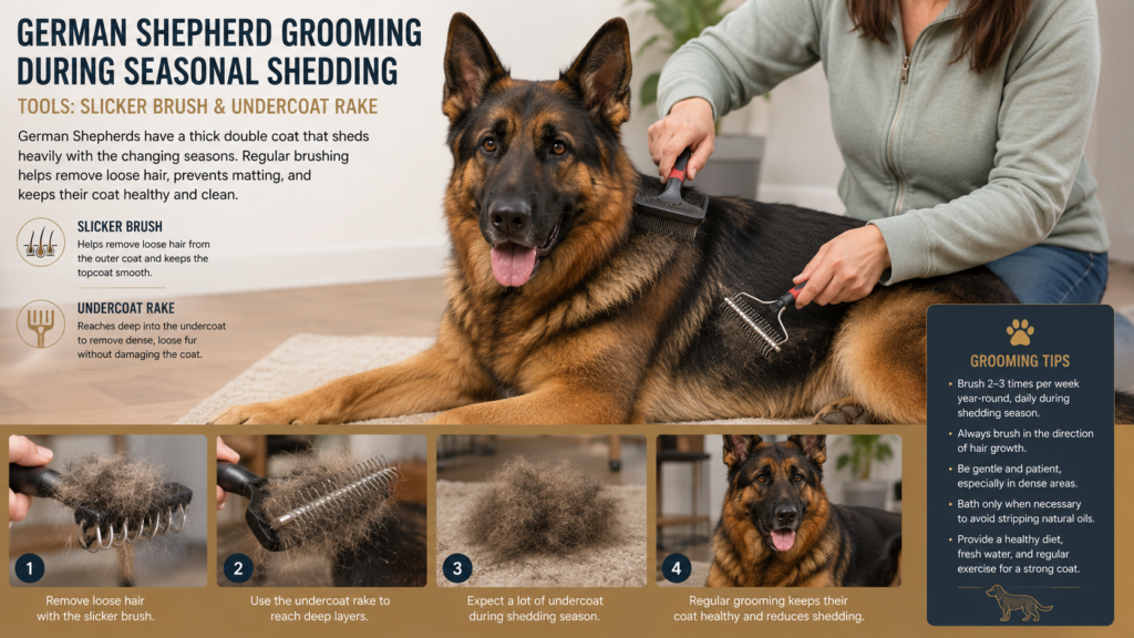 German Shepherd coat grooming during shedding season using brush and undercoat rake for healthy fur care