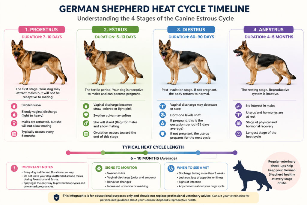 German Shepherd heat cycle stages showing how long a German Shepherd stays in heat and fertility timeline