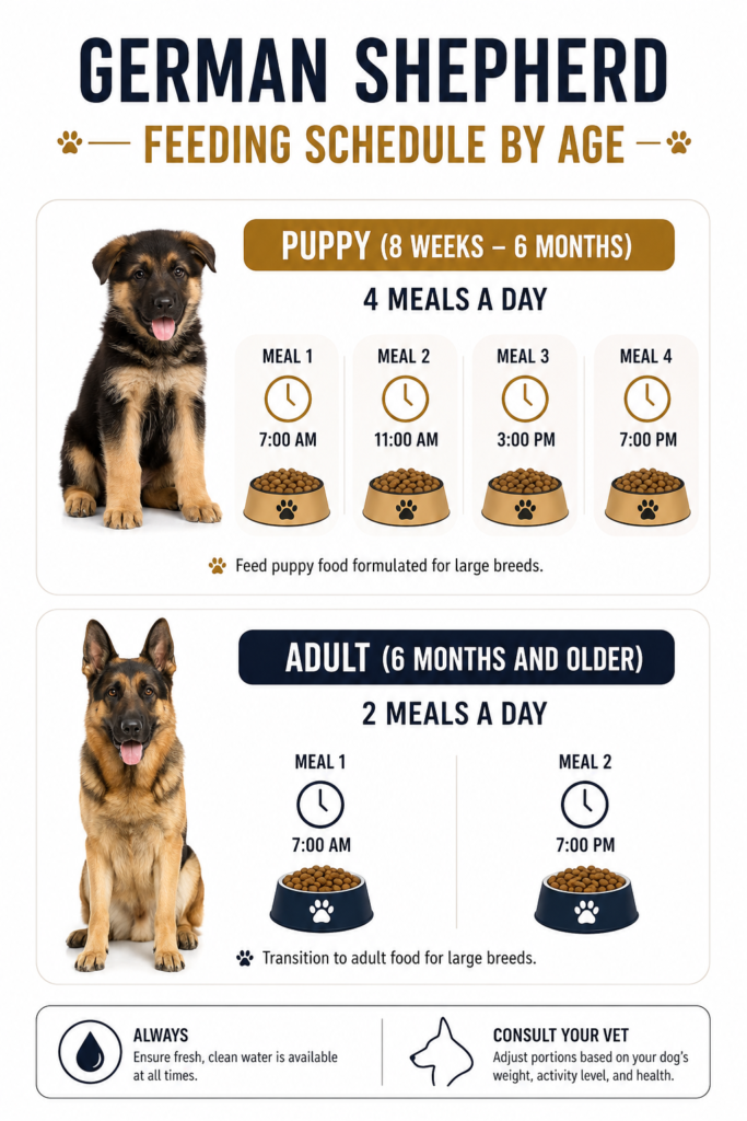 German Shepherd feeding schedule chart showing meals per day for puppies adults and seniors