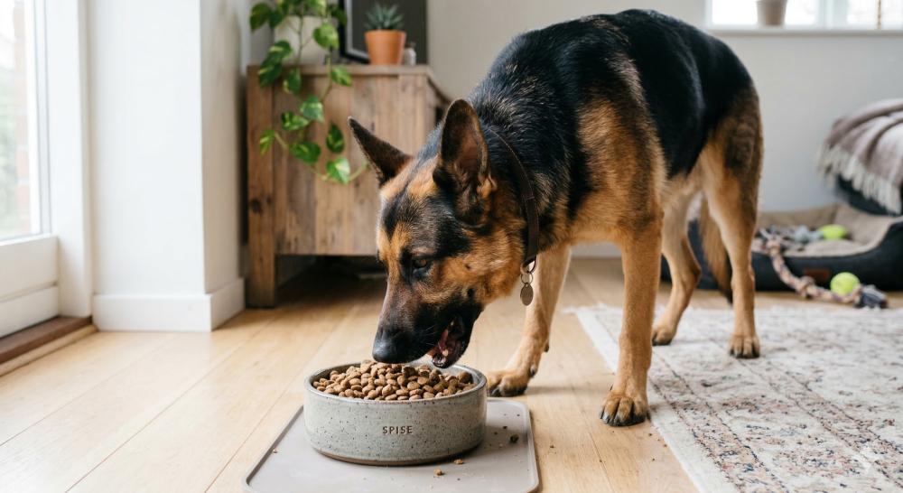 German Shepherd eating balanced dog food showing proper feeding routine for adult dogs