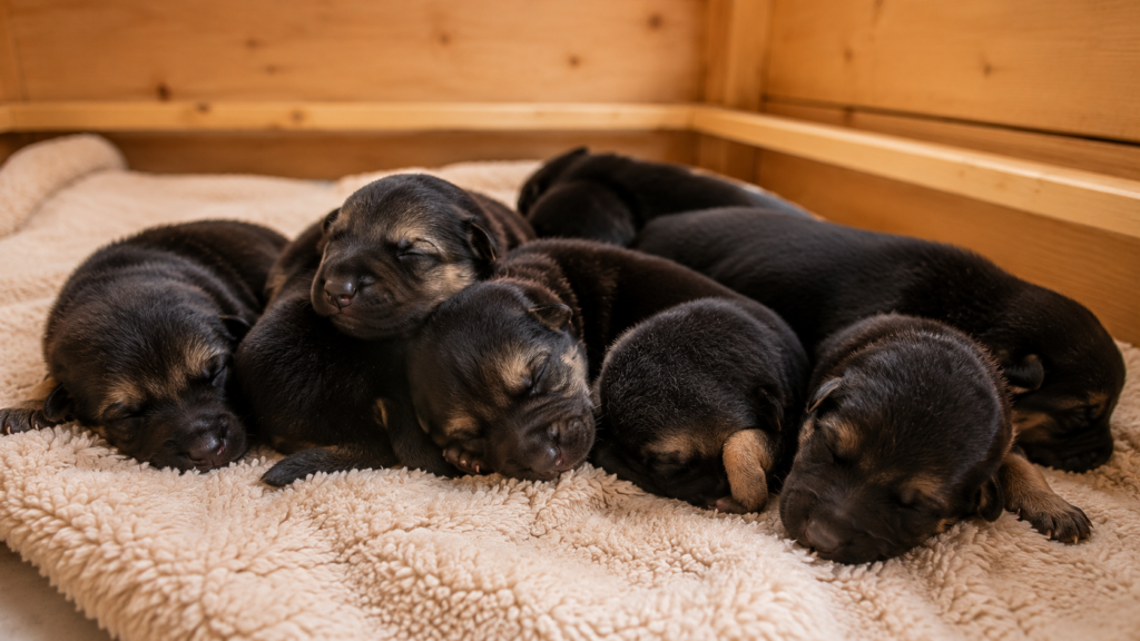 Newborn German Shepherd puppies in a warm whelping box before eyes open
