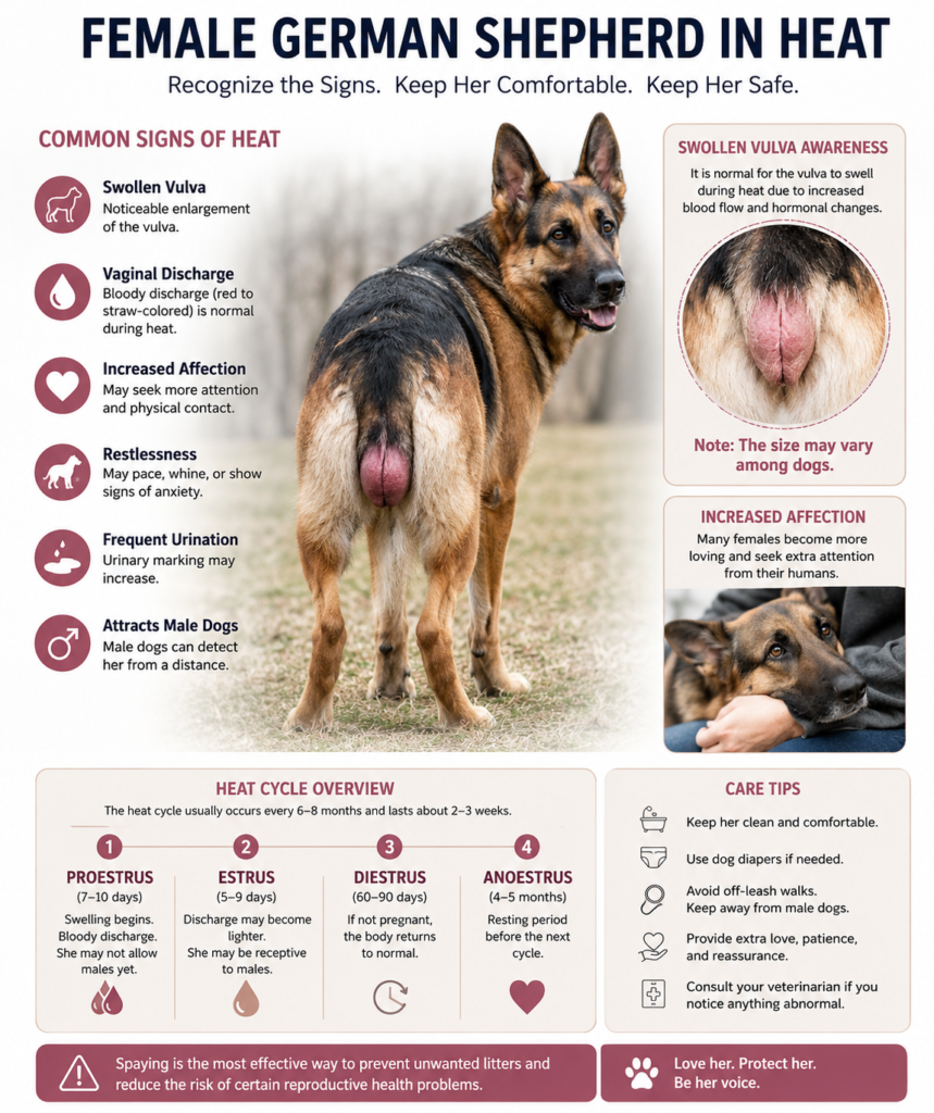 Common signs a German Shepherd is in heat including behaviour changes and physical symptoms