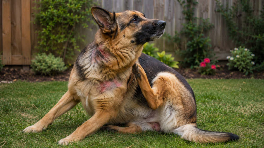 German Shepherd showing skin allergy symptoms linked to immune system disorders including itching and irritation