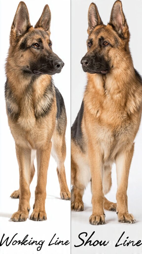 Working-line and show-line German Shepherds showing different build and energy levels