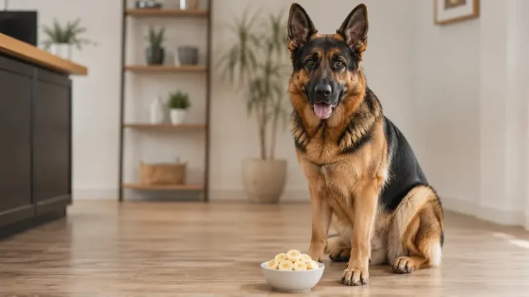 German Shepherd safely eating fresh banana slices, showing whether bananas are healthy treats for German Shepherd dogs in moderation.