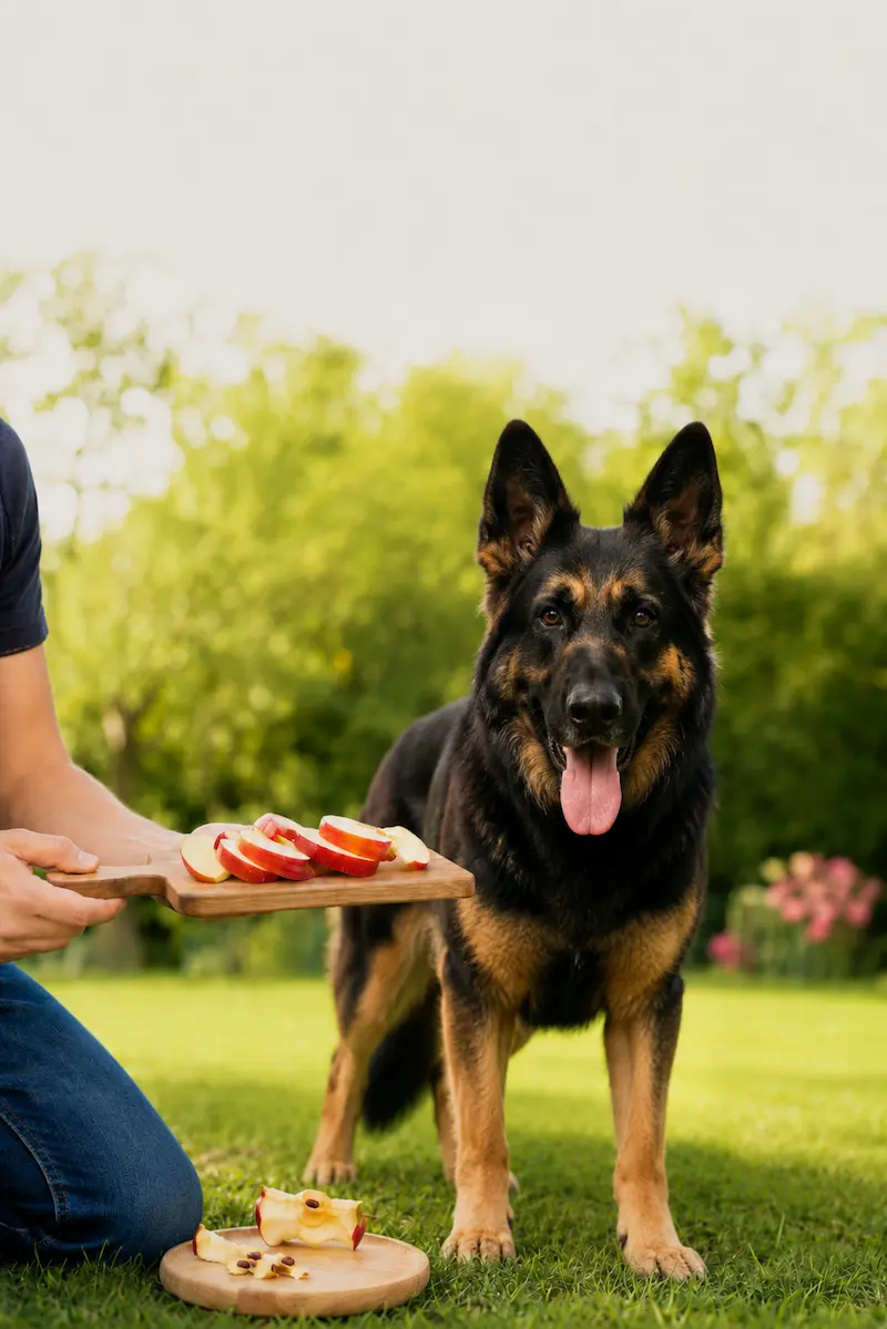 German Shepherd safely eating fresh apple slices with seeds removed, showing the correct way to feed apples to dogs safely
