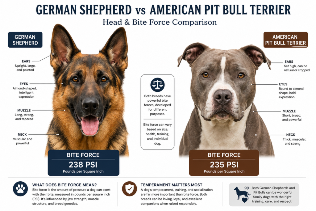 Educational comparison of German Shepherd and Pit Bull bite force estimates with realistic dog illustrations.