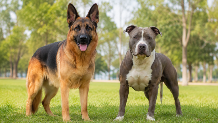German Shepherd and Pit Bull standing side by side for a size and strength comparison without showing aggression or fighting.