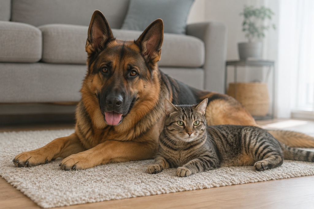 German Shepherd and house cat living together peacefully after proper training and early socialization