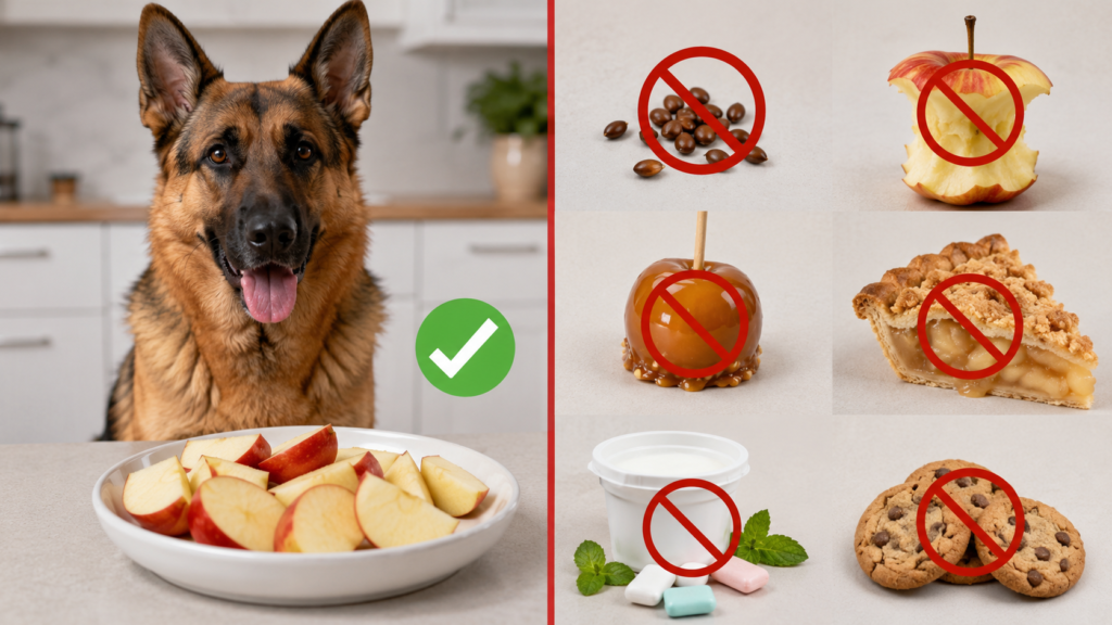 Safe and unsafe apple foods for German Shepherds including apple seeds, core, caramel apples, and fresh apple slices
