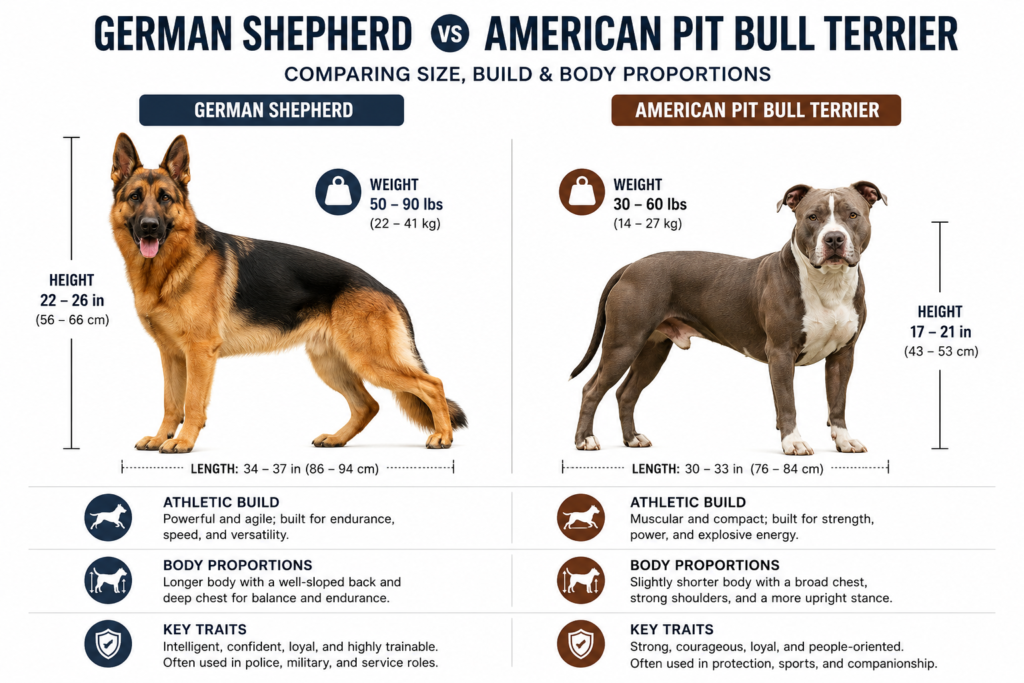 Size comparison showing the height, weight, and body build differences between a German Shepherd and a Pit Bull.