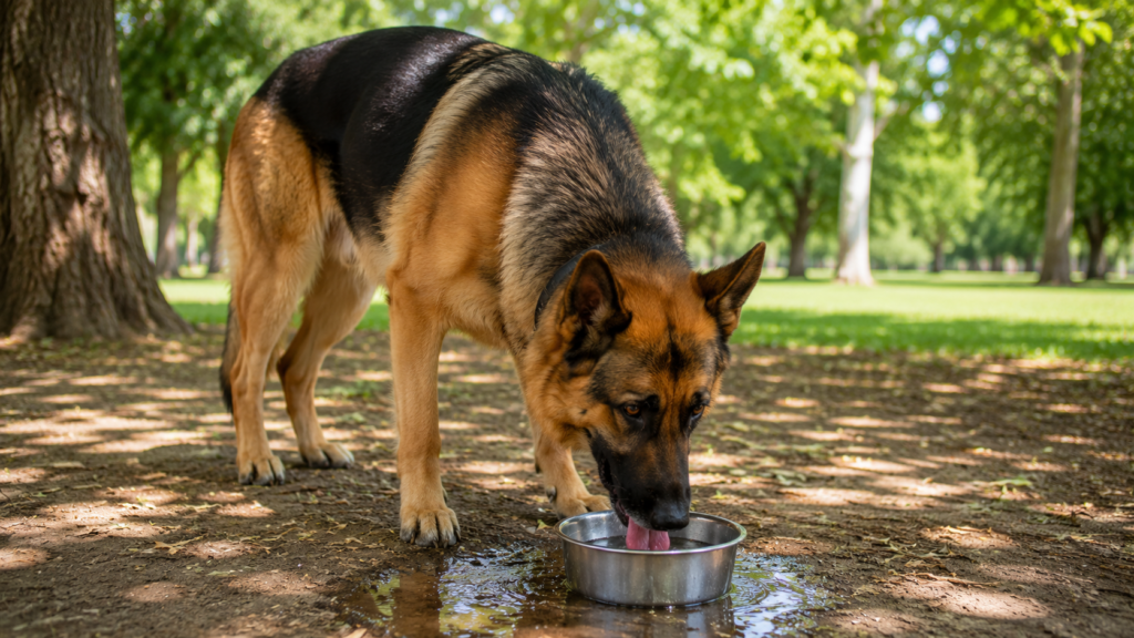 Healthy German Shepherd drinking fresh water after exercise to help prevent overheating and excessive panting