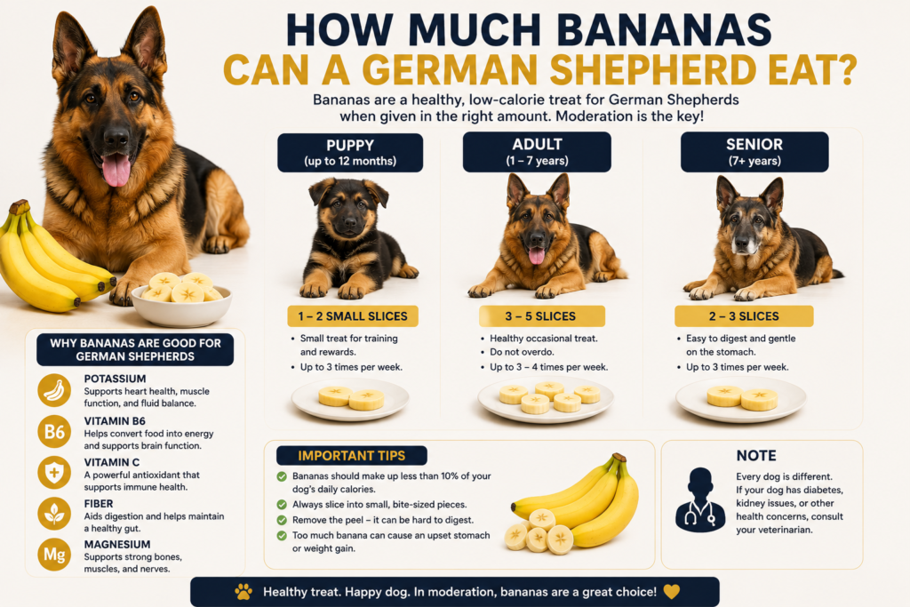 Recommended banana serving sizes for German Shepherd puppies, adult dogs, and senior dogs based on age and portion control.