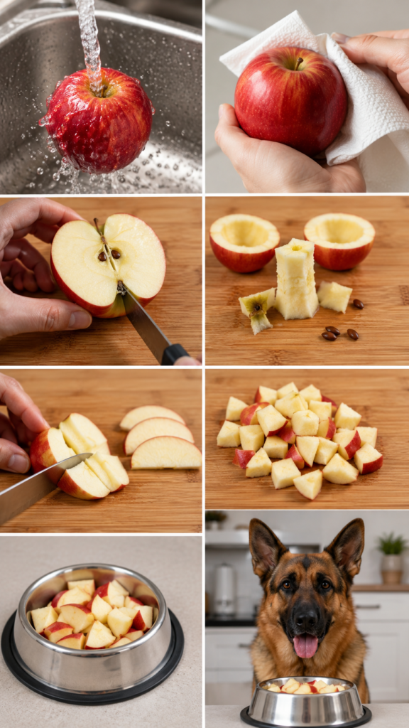 Preparing apples safely for a German Shepherd by removing seeds and core before serving fresh apple slices