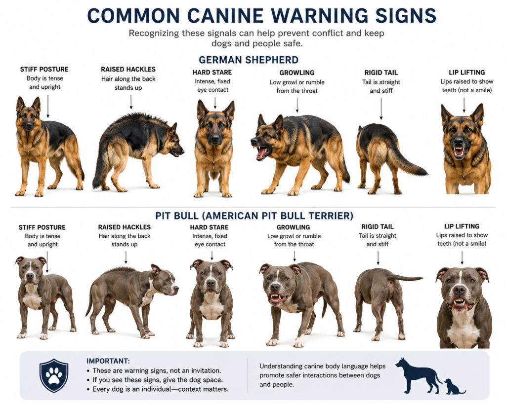 Illustration showing common dog body language warning signs that may appear before aggressive behaviour develops.