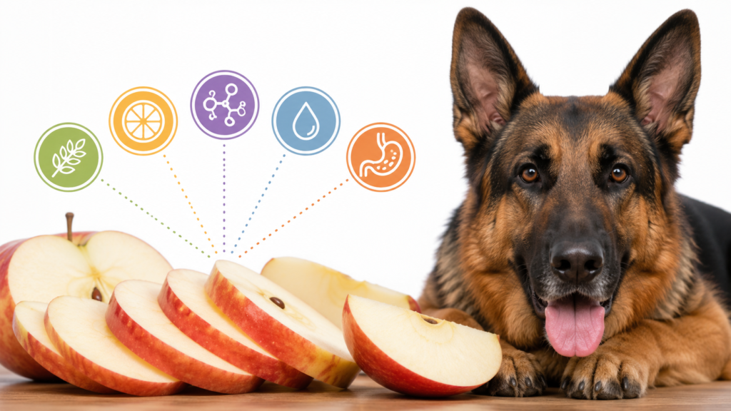 Nutritional benefits of apples for German Shepherds showing fiber, vitamin C, antioxidants, hydration, and healthy digestion