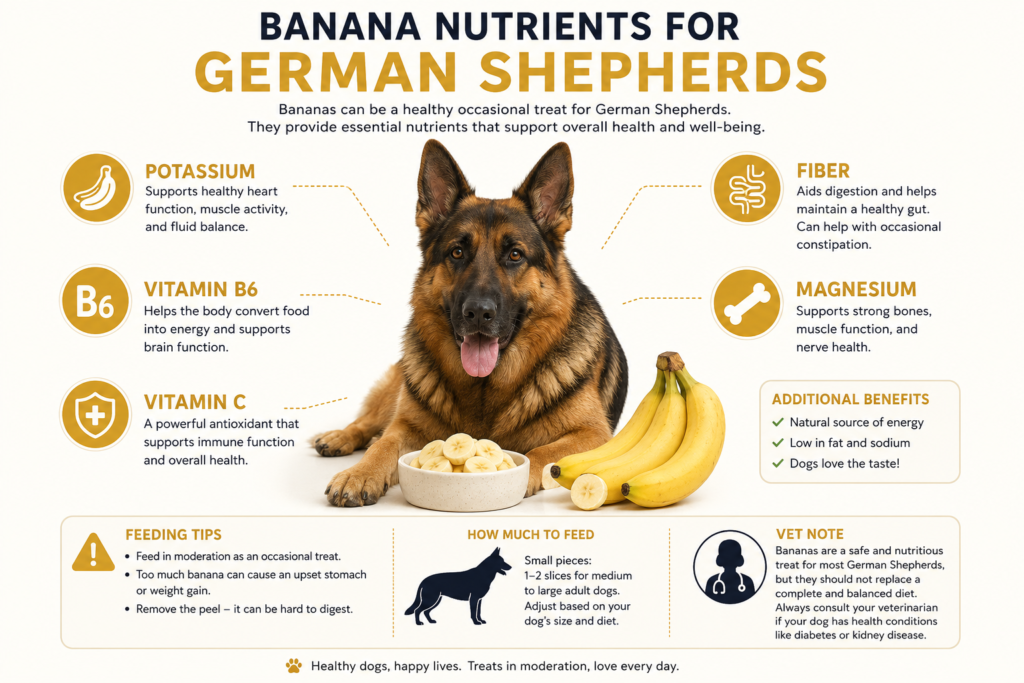 Nutritional benefits of bananas for German Shepherds including potassium, fiber, vitamin B6, vitamin C, and magnesium.
