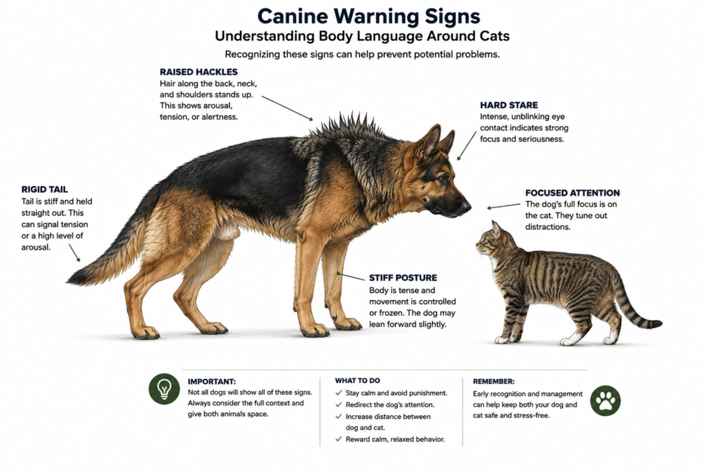 Warning signs before a German Shepherd attacks a cat including stiff posture hard stare and raised hackles infographic